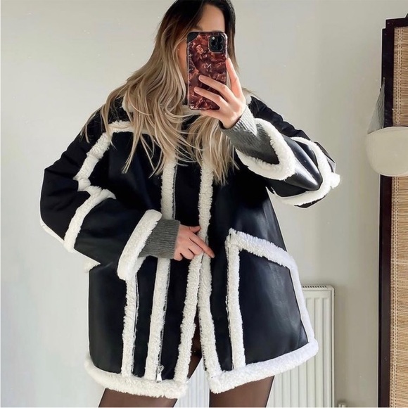 Mango Jackets & Blazers - MANGO BLOGGER FAVE Black Faux Leather & Shearling Coat Oversized Jacket Coat